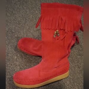 Pink Suede "Calf High" Fringe Boots